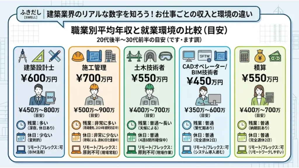 建築設計の仕事や組織設計事務所での勤務がきついと感じる方に向けた、施工管理・積算・BIM・土木といった各職種の平均年収や残業・休日などの就業環境のリアルな数字を一覧で比較したインフォグラフィック画像
