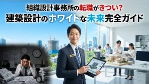 組織設計事務所の転職がきついと悩む建築設計士が、ホワイトな労働環境のオフィスで笑顔で活躍する未来を描いたアイキャッチ画像