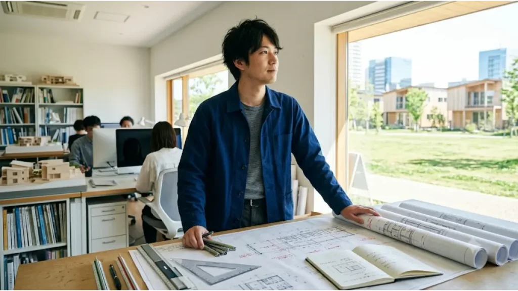 建築設計の業務や組織設計事務所での勤務がきつい現状を変える一歩を踏み出し、自然光が差し込む明るくクリーンなオフィスで図面を前に希望を持って未来を見つめる若手日本人設計士の姿
