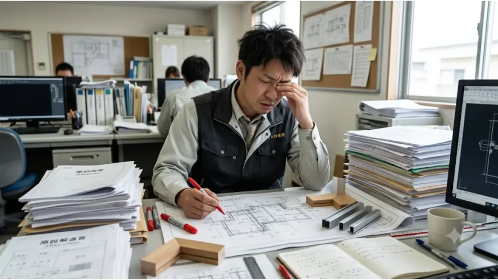 建築設計の業務や組織設計事務所での勤務がきついと感じる要因である、大量の図面修正や現説回答の手戻りに追われ、デスクで目を押さえて疲弊する日本人設計士のリアルな様子