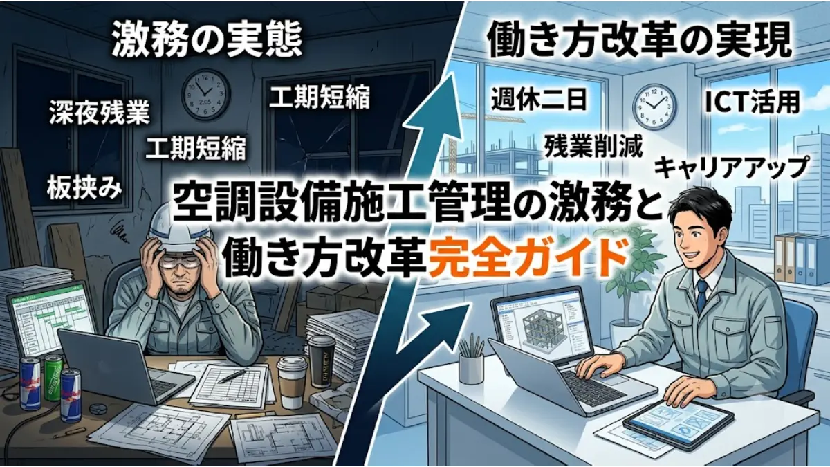空調設備施工管理の激務な現状(深夜残業や書類仕事)と、働き方改革によって改善された明るいオフィス環境を左右で対比した「空調設備施工管理の激務と働き方改革完全ガイド」のアイキャッチ画像