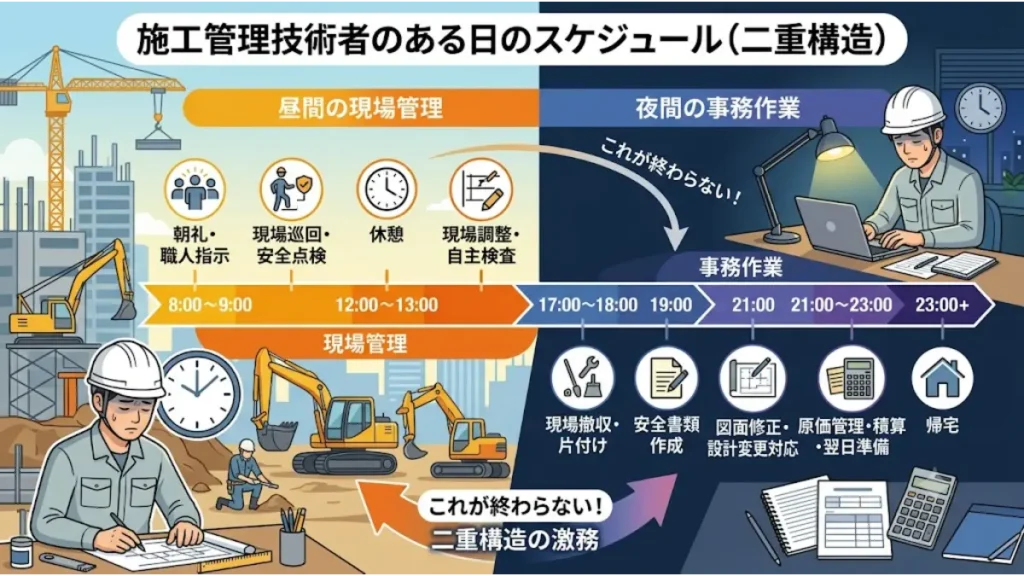 空調設備施工管理の激務な実態を表す、昼間の現場管理(朝礼・巡回)と夜間の事務作業(安全書類作成・図面修正)の二重構造スケジュールを詳しく説明した図解画像