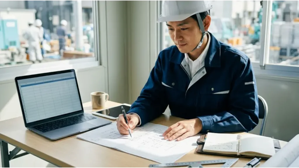 空調設備施工管理の激務から抜け出し、働き方改革への第一歩を踏み出すために、デスクで図面やパソコンを確認しながらこれからのキャリアプランを一歩ずつ見つめ直す誠実な技術者のイメージ画像