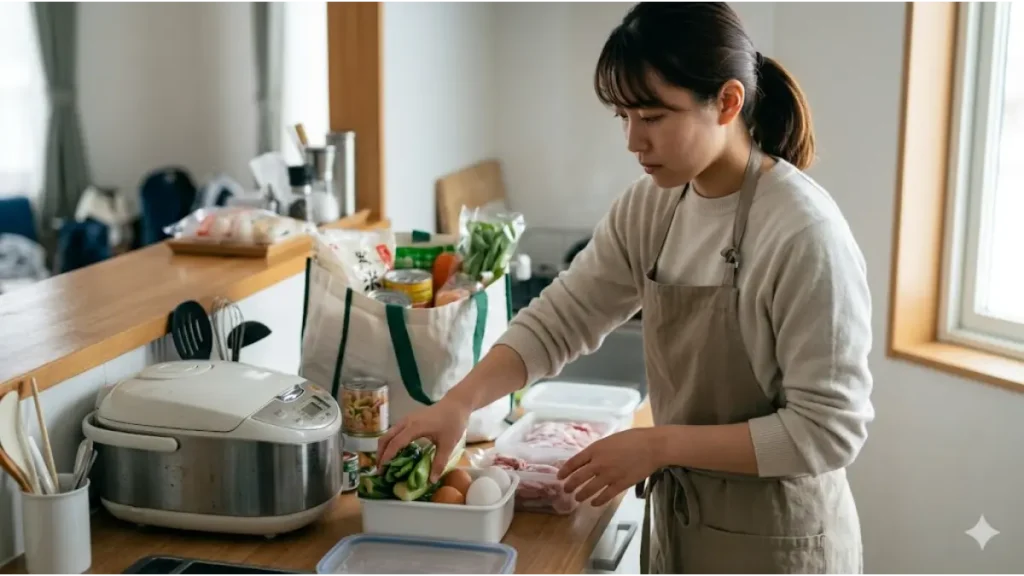 ニセコの外資系リゾートバイトスタッフが、高物価対策として寮のキッチンで食材を整理し、賢く自炊して生活費を抑えている様子を捉えた誠実な写真。文字なし。