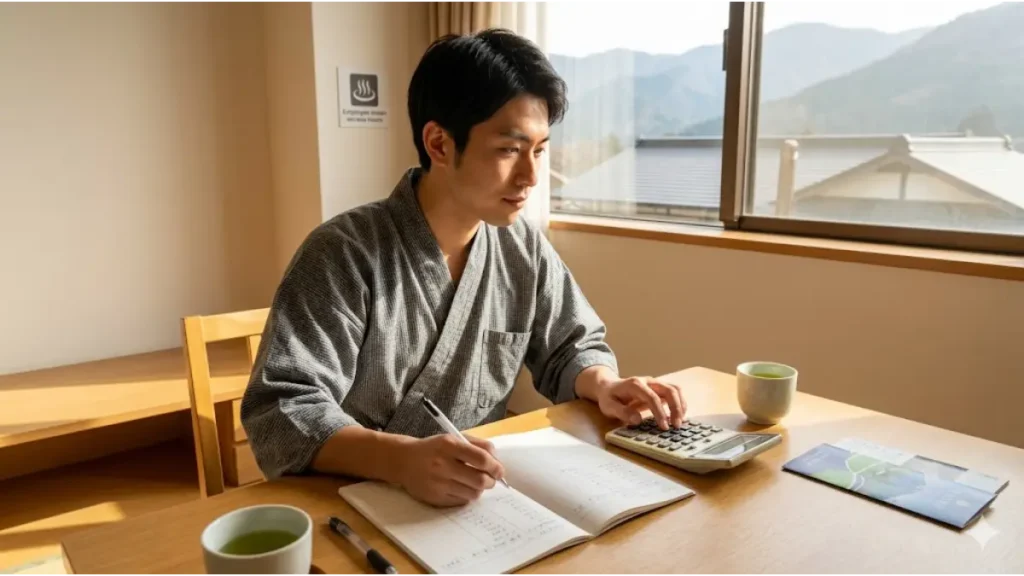リゾートバイトで箱根の温泉無料旅館へ赴き、寮の部屋でノートと電卓を使って、温泉無料による具体的な経済的価値を計算・数値化する誠実な日本人男性スタッフの様子。窓の外には箱根の山々と温泉宿の屋根が見える。