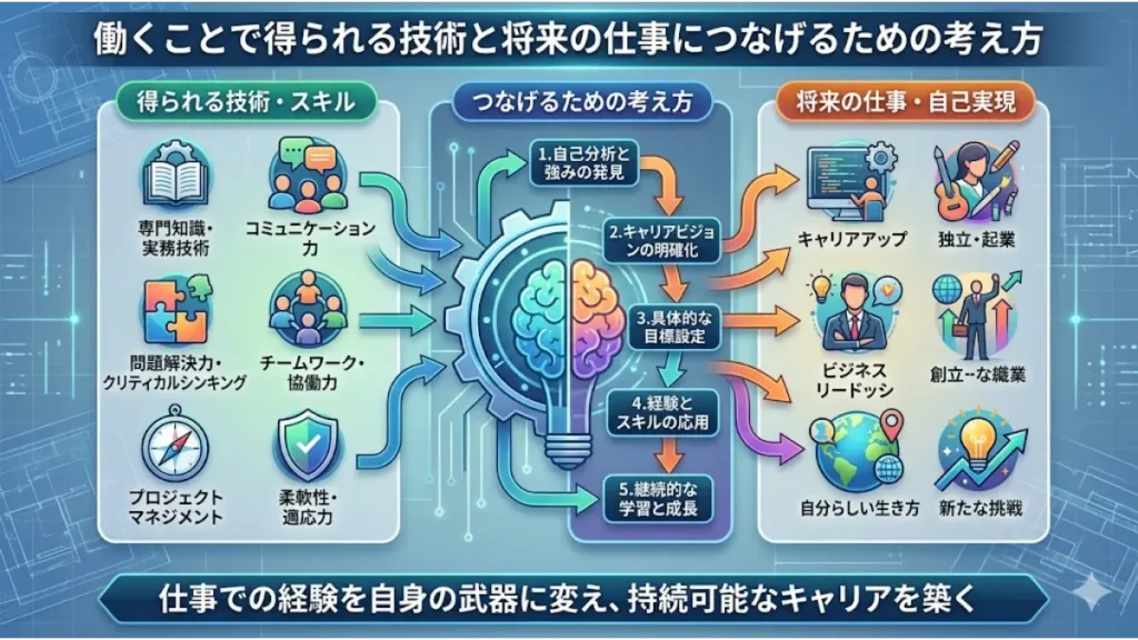30代女性がリゾートバイトで働くことで得られる技術やスキルを、将来の仕事やキャリアにつなげるための考え方を説明した図解画像。コミュニケーション力や柔軟性などの経験を自身の武器に変え、独立や新たな挑戦など自分らしい生き方を築くプロセスが分かりやすく描かれています。