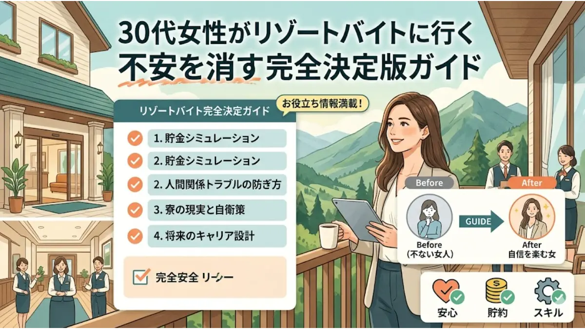 30代女性がリゾートバイトに行く不安を解消するための完全決定版ガイドのアイキャッチ画像。リゾートホテルの仕事風景や個室寮・貯金・キャリア設計のチェックリストとともに、不安を解消して笑顔で過ごす30代女性のイラストが描かれています。