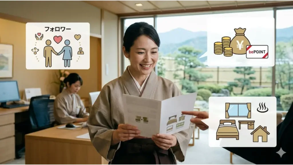 30代女性が安心して一歩を踏み出すための「リゾートバイト.net」の魅力的な特典を説明した図解画像。和風旅館のフロントで笑顔を見せる女性の周囲に、手厚いフォロー体制、高時給やbePOINT、無料の個室寮や温泉といった嬉しいメリットが分かりやすいアイコンで描かれています。