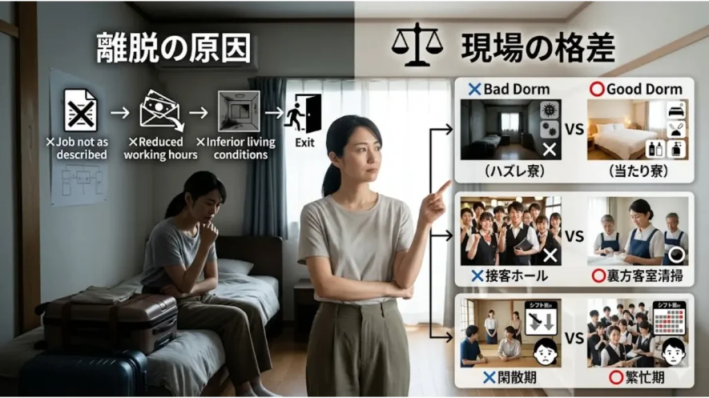 30代女性がリゾートバイトを途中で辞めてしまう原因と現場の格差を説明した図解画像。募集条件の不一致や寮環境の悪さ(ハズレ寮)による離脱の要因と、当たり寮・裏方客室清掃・繁忙期などの働きやすい環境との違いを分かりやすく対比しています。