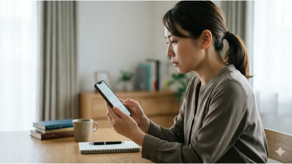 自宅のテーブルでスマートフォンを真剣な表情で見つめ、リゾートバイトについて調べている30代女性の様子。ネットの検索画面から同世代のリアルな悩みや深層心理を探る姿を表現した、自然光によるフォトリアルなイメージ画像。