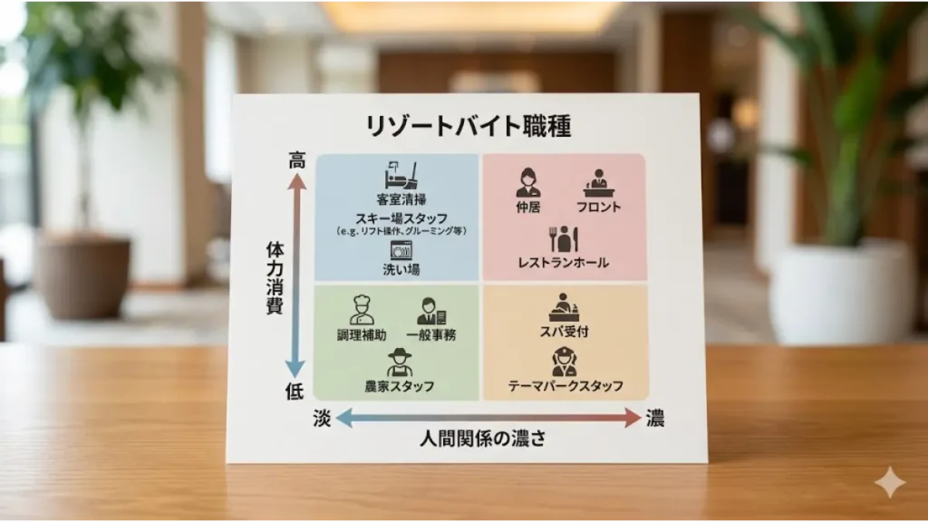 30代女性がリゾートバイトを選ぶ基準となる職種別マトリクスの図解画像。縦軸の「体力消費(高・低)」と横軸の「人間関係の濃さ(淡・濃)」による4象限で、客室清掃、調理補助、レストランホールなどの仕事の特徴を分かりやすく分類しています。