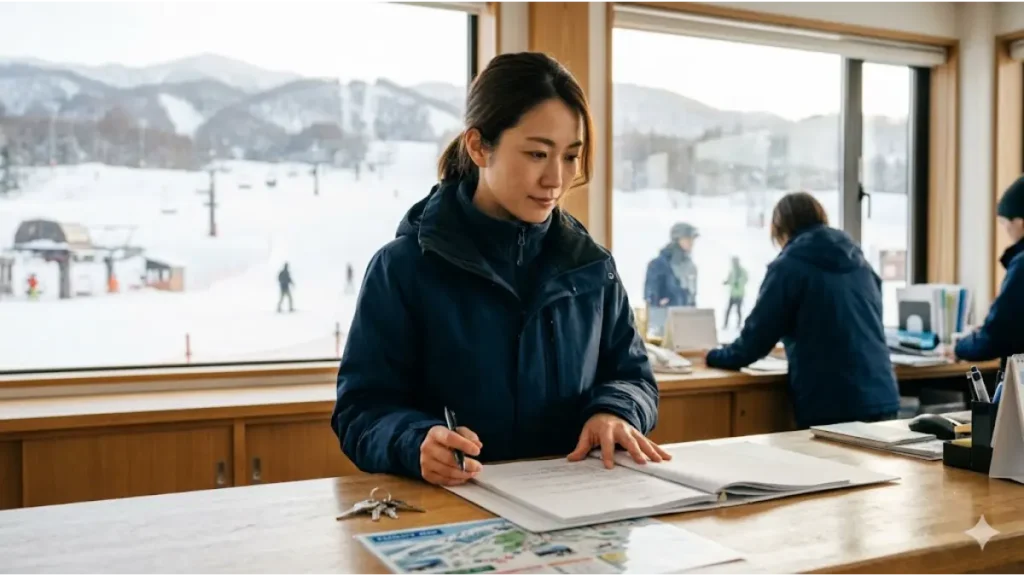 冬のスキー場リゾートの受付オフィスで、真剣な表情で業務書類を確認しながら働く30代女性の様子。新しい一歩を踏み出す30代女性のためのリゾートバイトの始め方とエールを表現した、日本のプロカメラマンが自然光で撮影したような誠実でフォトリアルなイメージ画像。