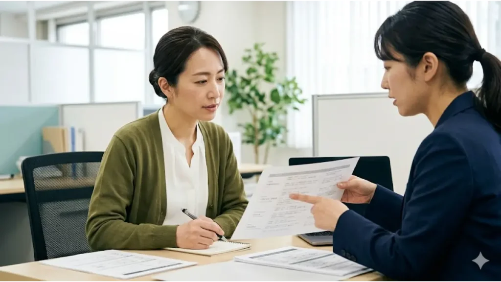 リゾートバイト福島で30代が失敗しないためのお仕事選びと派遣会社選びの相談風景。明るく清潔感のあるオフィスで、30代の女性求職者が担当スタッフから求人票や条件面の説明を熱心に受けている面談の様子。