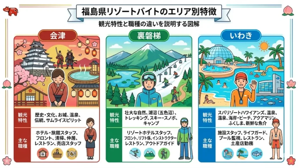 リゾートバイト福島における主要3エリアの特徴を比較した図解イラスト。会津(歴史・温泉・旅館スタッフ)、裏磐梯(スキー場・五色沼・リフト係)、いわき(ハワイアンズ・プール監視)の観光特性と主な職種の違いが分かりやすく描かれたインフォグラフィック。