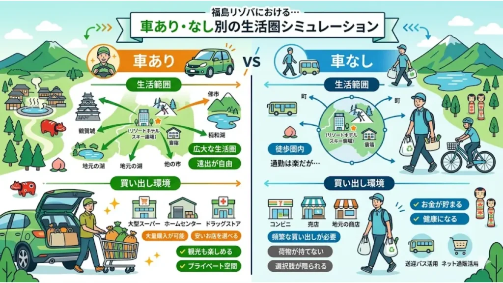リゾートバイト福島における車あり・車なしの生活圏シミュレーションの比較イラスト。左側に車ありの広大な行動範囲と大型スーパーでの買い出し、右側に車なしの徒歩圏内の生活と送迎バス・ネット通販の活用メリットが描かれた図解。