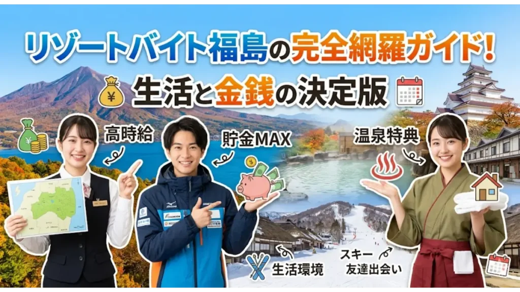 リゾートバイト福島の完全網羅ガイドのアイキャッチ画像。磐梯山や温泉、スキー場を背景に、ホテル・旅館・ゲレンデのスタッフが笑顔で高時給や貯金MAXなどの魅力を紹介する図解。
