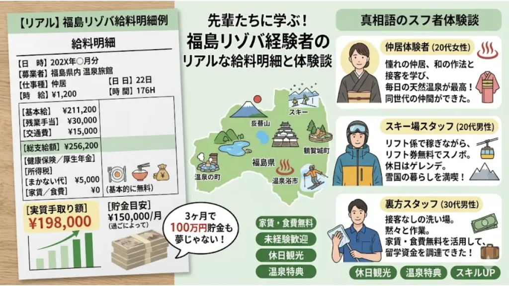 リゾートバイト福島にはたらいた先輩スタッフの給料明細モデルと体験談をまとめた図解。左側に総支給25万・手取り19万の明細例、中央に福島県の観光マップ、右側に仲居やスキー場、裏方職種の体験談が記載されたインフォグラフィック。