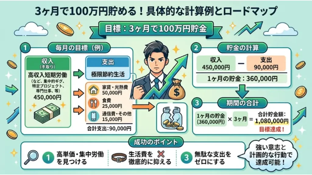 リゾートバイトをgwのみの短期から始めて3ヶ月で100万円を貯めるための具体的な計算例と収支シミュレーションのロードマップ。毎月の収入目安、支出の抑え方、貯金額の計算式を分かりやすくまとめたインフォグラフィックの図解。