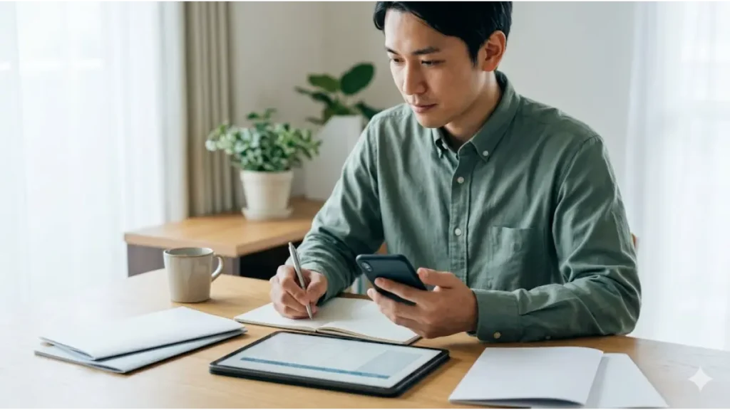 自宅のデスクでスマートフォンとタブレットを使い、リゾートバイトをgwのみの短期で募集している大手派遣会社の特徴を真剣にリサーチ・比較検討している男性の様子。