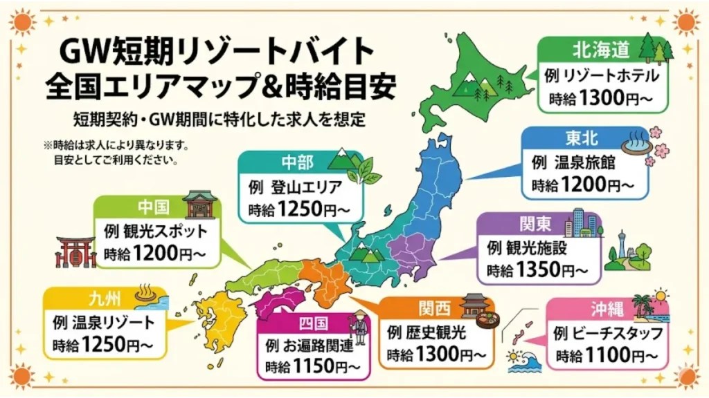 日本の地図をベースに、各地域（北海道・東北・関東・中部・関西・中国・四国・九州・沖縄）の職種例と時給目安を分かりやすく色分けして解説した全国エリアマップ。リゾートバイトをgwのみの短期で探している人に向けて、エリアごとの特徴をまとめた図解イラスト。