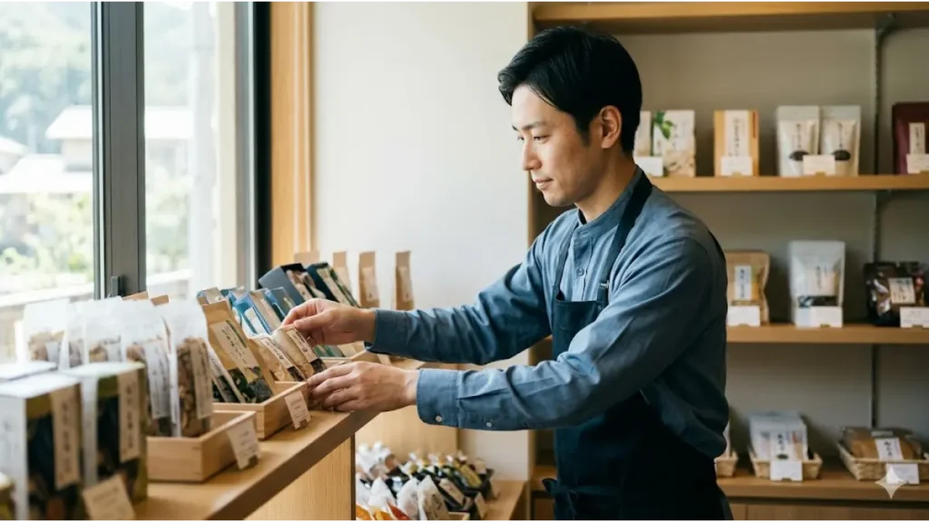 明るいホテルの売店で、商品を丁寧に並べて整理している30代の日本人男性スタッフ。リゾートバイトをgwのみの短期で探す30代に向けて、体力負担が少なく落ち着いて働けるショップ販売の現場を説明する写真。