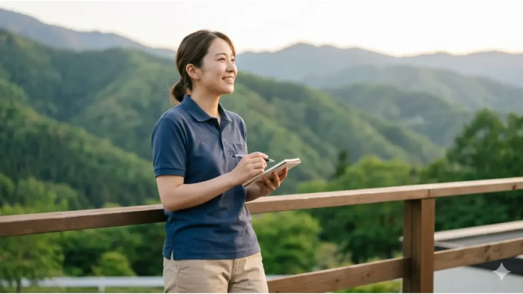 美しい山々を背景に、ウッドデッキのテラスに立って笑顔でメモ帳を手に未来を見つめるポロシャツ姿の日本人女性スタッフ。リゾートバイトをgwのみの短期で始めて、豊かな未来や新しいキャリアを切り開く前向きなイメージを表現した写真。