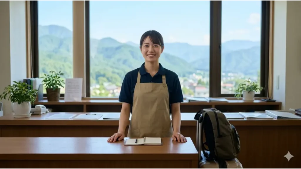 リゾートバイトのまとめ記事。住民票を移さないデメリットへの対策を理解し、不安を解消した日本人女性スタッフが、ホテルのフロントで自信を持って笑顔で一歩を踏み出す準備ができた様子。彼女の傍らには整理された荷物があり、窓からは美しい山々とリゾート地の風景が広がっている。
