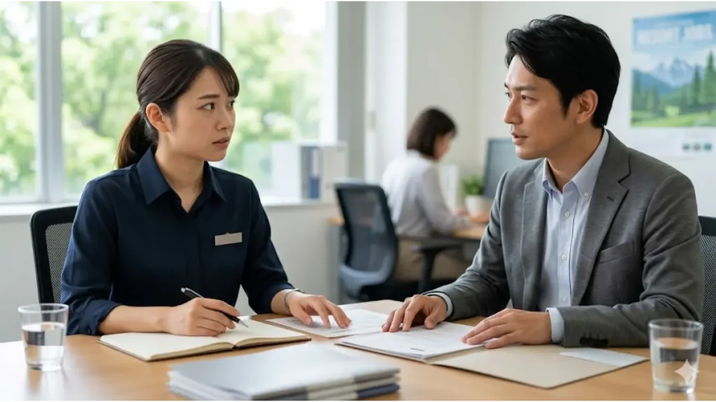 軽井沢のリゾートバイトにおいて、契約途中の退職について正しい手順を踏むため、整理されたオフィスの面談ブースで誠実そうな日本人スタッフ女性が、信頼できそうな派遣会社の担当者男性に契約書類やノートを指さしながら真剣に相談・交渉している様子(避暑地求人のトラブル回避)
