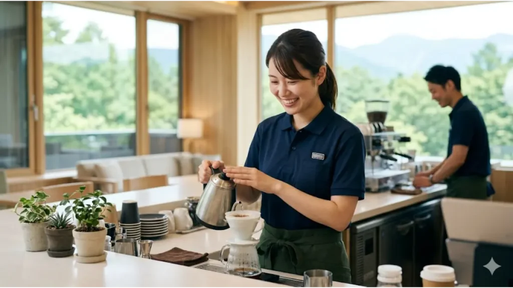 軽井沢のリゾートホテル内にある清潔なカフェで、笑顔で丁寧にコーヒーを淹れる日本人女性スタッフの手元と作業風景。窓の外には緑豊かな自然が広がり、安心して充実した時間を過ごせる職場環境であることを視覚的に伝えている。