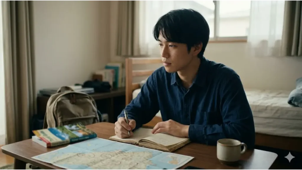 落ち着いた部屋のテーブルで、地図やノートを広げてペンを持ちながら真剣に考え事をする誠実な日本人男性の姿。リゾートバイト出発前に自分の適性や心構えを整理する「リゾートバイト メンタル適性チェック」のシーンを表現した、自然光が差し込むフォトリアルな画像。