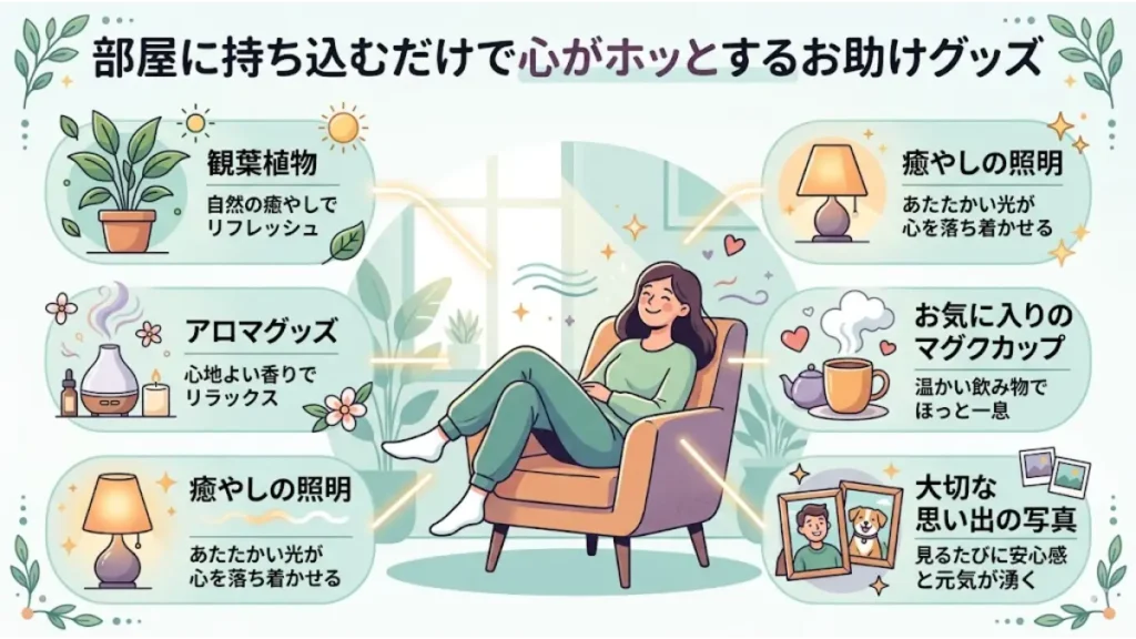 リゾートバイト生活の部屋に持ち込むだけでリラックスできるアイテムを解説したインフォグラフィック図解。中央で心地よくくつろぐ女性の周囲に、アロマグッズや優しい照明、お気に入りのマグカップ、思い出の写真、観葉植物などがまとめられており、住み込み先での「リゾートバイト メンタル」ケアに役立つお助けグッズを表現した画像。