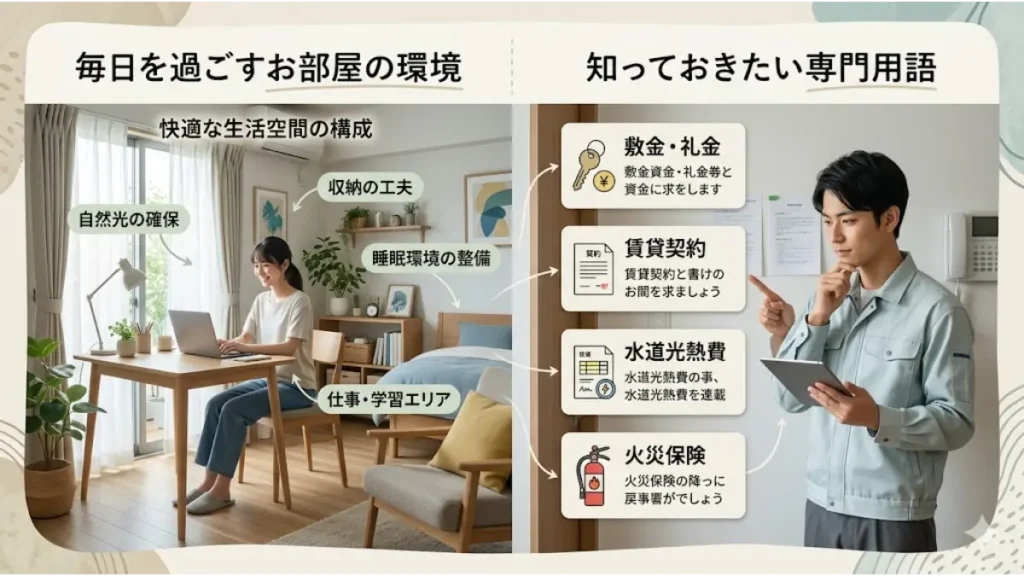 リゾートバイト生活におけるお部屋の環境と知っておきたい専門用語を左右で比較・解説したインフォグラフィック図解。左側には快適な個室寮の生活空間(デスク、ベッド、自然光)、右側には住み込み生活に関連する専門用語のポイントがまとめられており、リゾートバイト中のメンタル安定に重要な生活基盤を分かりやすく表現した画像。