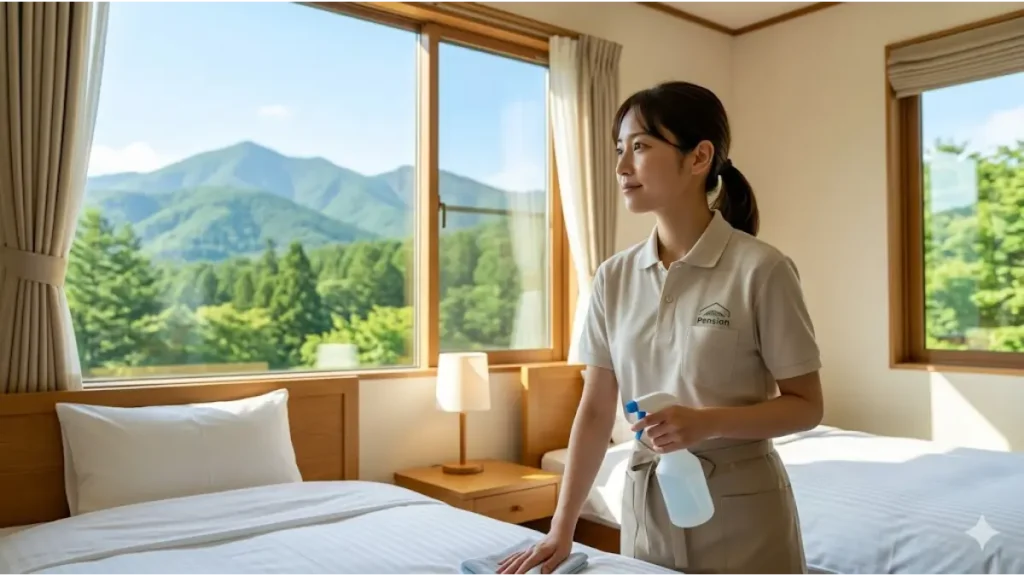 『傷ついた心と体を守るための新しい働き方』として、都会のストレスから離れ、自然豊かなリゾートバイトの現場(清潔な客室)で誠実に働き、心身を癒している日本人女性スタッフの様子。窓から差し込む自然光と、整頓されたベッド、窓の外に広がる高原の景色。