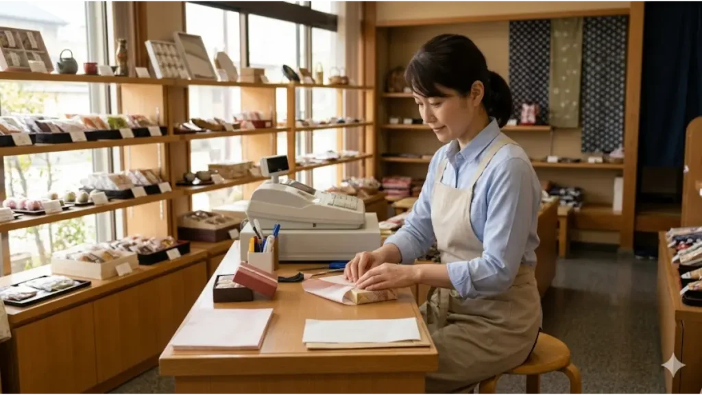 『忙しい時間が限定されていて座って待てる売店スタッフ』として、誰もいない静かな日本の旅館の売店で、レジカウンターの裏に座ってお土産用の箱を組み立てる内職をしている、誠実そうな日本人女性スタッフの様子。窓からの自然光と、整頓されたお土産棚、静かな店内。
