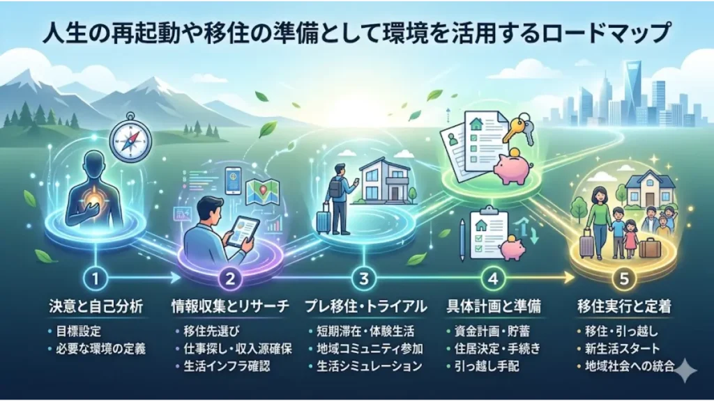 リゾートバイトで楽な職種を経験しながら、人生の再起動や地方移住の準備として住み込み環境を段階的に活用するためのロードマップ図解。決意と自己分析、情報収集、プレ移住、具体計画、移住実行と定着までの5つのステップをイラストで分かりやすく解説したイメージ。