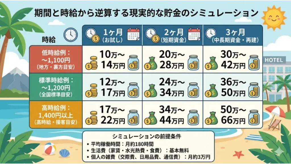 リゾートバイトで楽な職種を探す読者に向けた、勤務期間(1ヶ月、2ヶ月、3ヶ月)と時給帯(1,100円、1,200円、1,400円以上)から逆算した現実的な貯金シミュレーションの図解表。生活費が基本無料で月3万円の雑費に抑えた場合の目安をイラストで分かりやすく解説したイメージ。