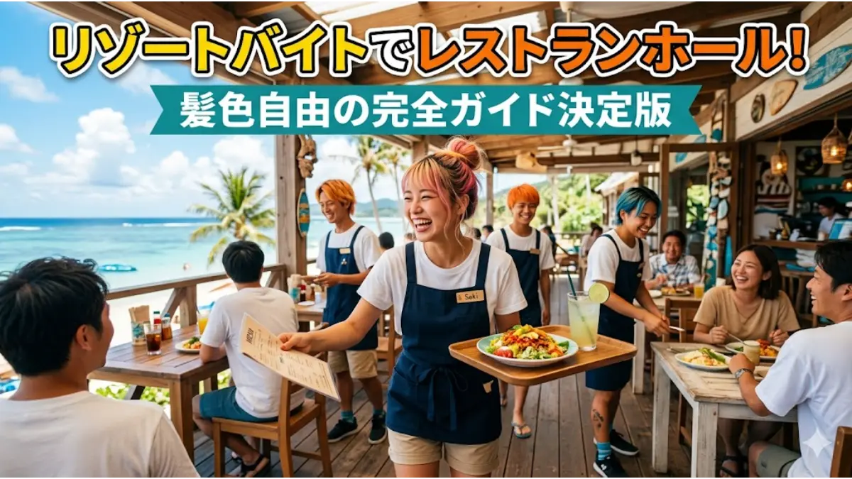 リゾートバイトのレストランホールで働く、髪色自由な笑顔のスタッフたち。海が見えるテラス席での接客風景と『リゾートバイトでレストランホール！髪色自由の完全ガイド決定版』のタイトル文字