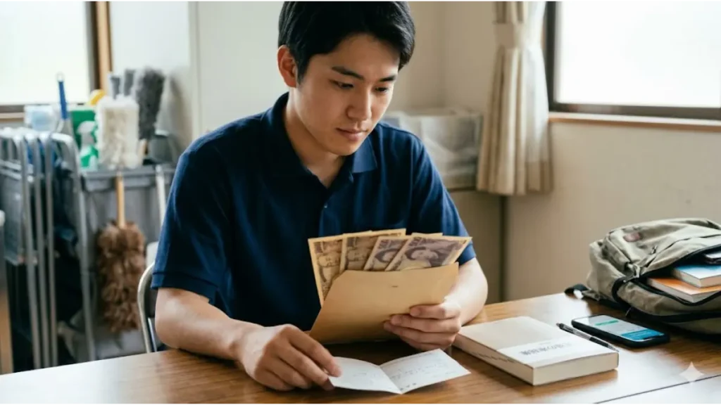 リゾートバイトを終えた浪人生が、目標の受験資金が貯まった給与袋を手にして寮の机で確認している様子。手元には参考書やノートがあり、リゾートバイトと浪人生活の両立を成し遂げて次のステップへ進む瞬間を描いた誠実でフォトリアルな画像。