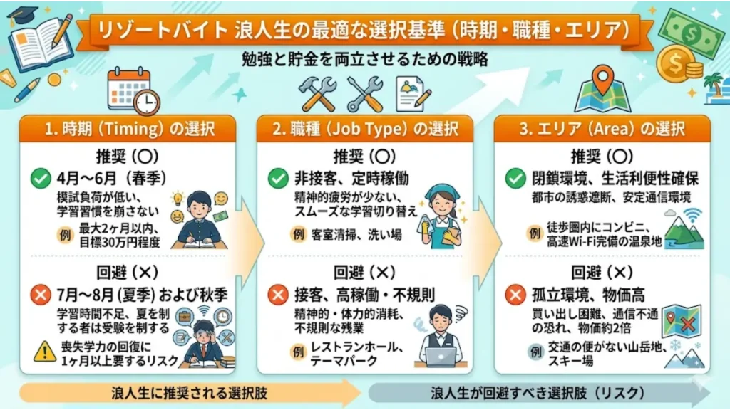 リゾートバイトに挑戦する浪人生に向けて、勉強と貯蓄を両立させるための最適な選択基準(時期・職種・エリア)の推奨例と回避すべきリスクを分かりやすくまとめた解説図・インフォグラフィック。