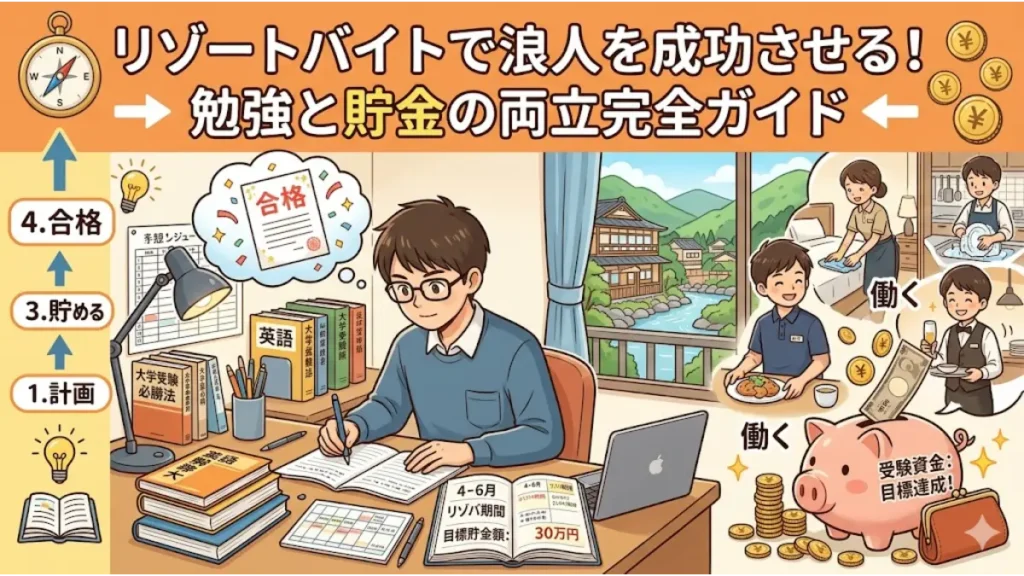 リゾートバイトをしながら浪人生活の勉強と貯金を両立させるイメージ図。机に向かって受験勉強に励む浪人生と、リゾート地での客室清掃や洗い場などの仕事、受験資金が貯まっていく様子を描いたアイキャッチ画像。