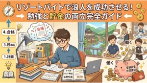 リゾートバイトをしながら浪人生活の勉強と貯金を両立させるイメージ図。机に向かって受験勉強に励む浪人生と、リゾート地での客室清掃や洗い場などの仕事、受験資金が貯まっていく様子を描いたアイキャッチ画像。