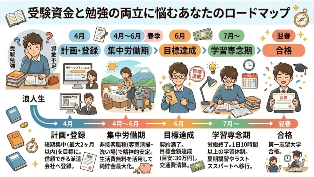 リゾートバイトを活用する浪人生が、4月の計画・登録から、4〜6月の集中労働期、6月の目標貯金額達成、7月以降の学習専念期を経て、翌春に大学合格を果たすまでのスケジュールをまとめたロードマップの図解。