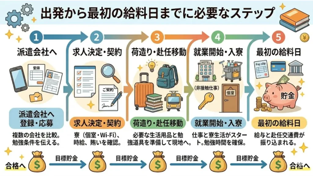 浪人生がリゾートバイトを始めて最初の給料日を迎えるまでの手順を、派遣会社への登録、求人決定、荷造り・赴任移動、就業開始・入寮、最初の給料日(貯金・交通費精算)の5つのステップで分かりやすく図解したイラスト。