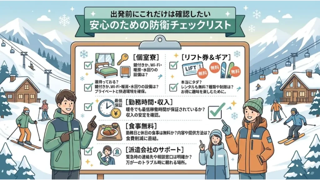 スキー場のリゾートバイトで「リフト券無料」や「個室寮」の優良求人を選ぶ際、出発前に確認しておきたい安心のための防衛チェックリストの画像。大きなクリップボードに、寮の設備環境、リフト券やレンタルギアの無料特典、勤務時間と最低稼働の保証、食事サポート、派遣会社の相談窓口といった重要ポイントがイラストと共にまとめられています。