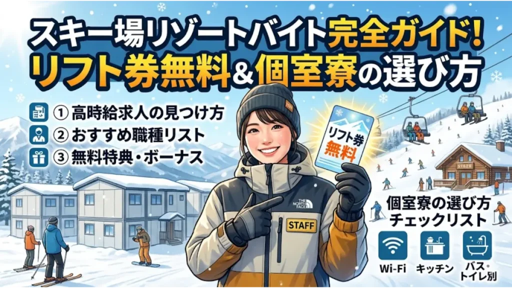 スキー場リゾートバイトの「リフト券無料」や「個室寮」の選び方を解説した完全ガイドのアイキャッチ画像。笑顔の女性スタッフが手元にリフト券を掲げており、背景にはゲレンデの雪山やリフト、個室寮の建物、Wi-Fiなどのインフラ設備を表すアイコンが描かれています。