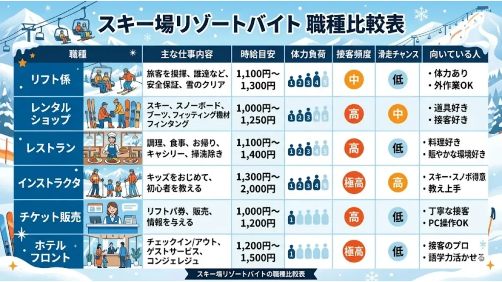 スキー場リゾートバイトの職種比較表の画像。リフト券無料や個室寮の求人を探す人に向けて、リフト係、レンタル、レストラン、インストラクターなどの主な仕事内容、時給目安、体力負荷、接客頻度、向いている人をわかりやすくまとめた一覧表です。
