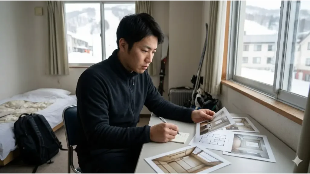 スキー場リゾートバイトの個室寮におけるグレードや実態を調べている日本人男性のイメージ画像。窓の外に雪景色が広がる寮の室内において、男性が真剣な表情で部屋の間取り図や写真を確認しながらメモを取っています。