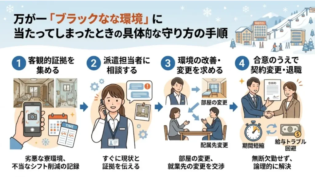 スキー場リゾートバイトで「リフト券無料」や「個室寮」の求人を選んだ際、万が一ブラックな環境に当たってしまったときの具体的な守り方の手順を解説したインフォグラフィック画像。客観的証拠の収集、派遣担当者への相談、環境の改善・変更要求、合意のうえでの契約変更という4つのステップがイラストで分かりやすく図解されています。