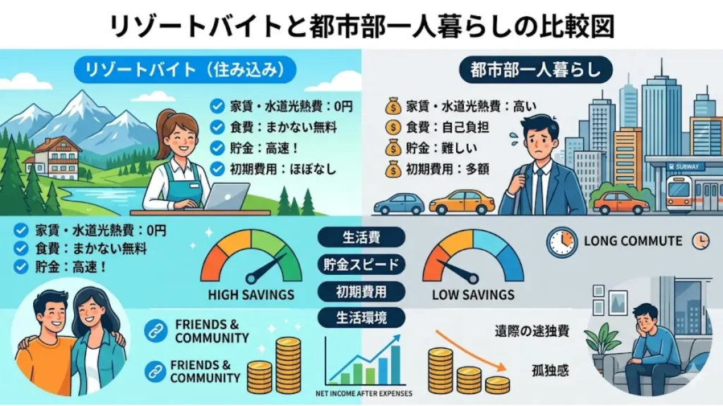 リゾートバイトに友達と応募して同室で過ごす際の参考となる、住み込みリゾートバイト(家賃光熱費0円・まかない無料・高速貯金)と都市部での一人暮らし(固定費高・貯金困難)の生活費や初期費用、生活環境の違いを分かりやすく解説した比較図。