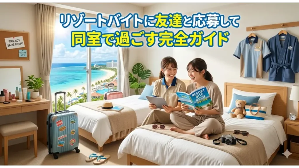リゾートバイトに友達と応募して同室で過ごす完全ガイドのアイキャッチ画像。海の見える綺麗なホテルの寮で、笑顔で楽しそうに過ごす2人の女性アルバイトスタッフの様子。